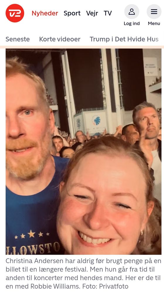 Two smiling people at a concert. Posted by Danish news site TV2 who got the grammar wrong in the text below the photo, indicating that the lady often attends concerts with someone else than her husband 