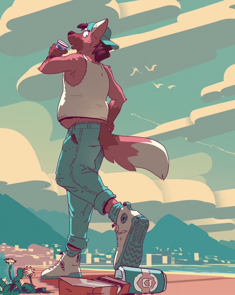 Low angle shot of an anthropomorphic maned wolf in teal slacks with the cuffs rolled up, a white tank top and white and teal sneackers, with a teal hat. They're drinking from a solo jazz cup and looking back over their shoulder down at the camera as they walk down a path next to the ocean. There is a cigarette packet, some weeds and an empty beer can lay in  the foreground. The background is a mountain city with buildings along a coastline. The sky is silver and teal with dramatic clouds, a plane leaving a contrail and flying white birds.