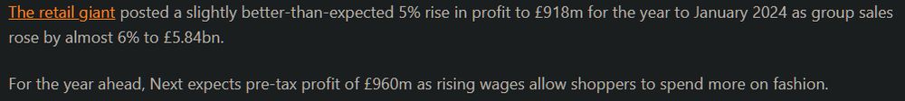 The retail giant posted a slightly better-than-expected 5% rise in profit to £918m for the year to January 2024 as group sales rose by almost 6% to £5.84bn.

For the year ahead, Next expects pre-tax profit of £960m as rising wages allow shoppers to spend more on fashion.