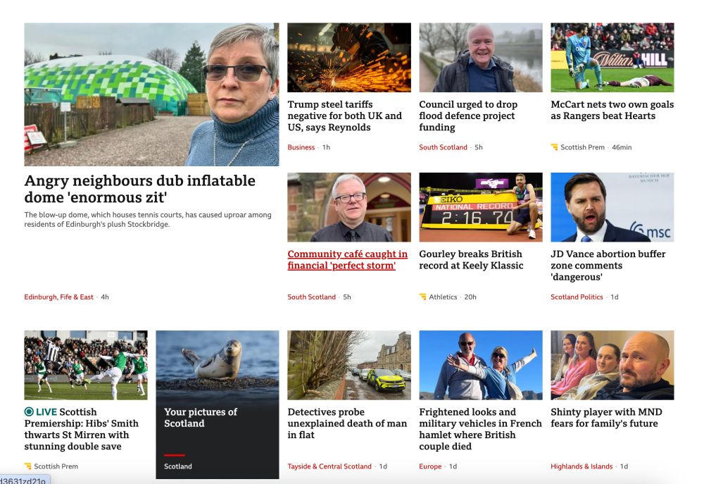 BBC Scotland page. Includes Stockbridge, negative-vibes stories, and sport.