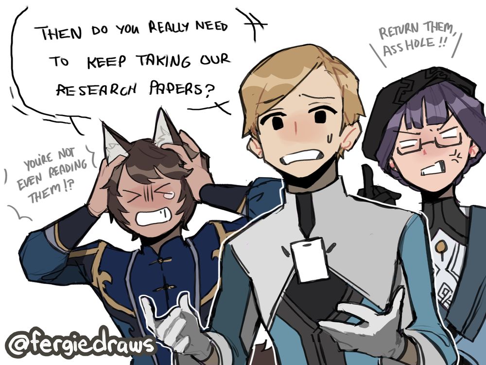 Three misc. NPCs from Honkai Star Rail argue back at Caelus. One guy in front with a uniform from Herta Space Station, asks him "Then do you really need to keep taking our research papers?" To his left is a Foxian that is holding their head in distress, exclaiming "You're not even reading them!?" While to the right, a researcher from Jarilo-VI is flipping him off, angrily stating "Return them, asshole!!".