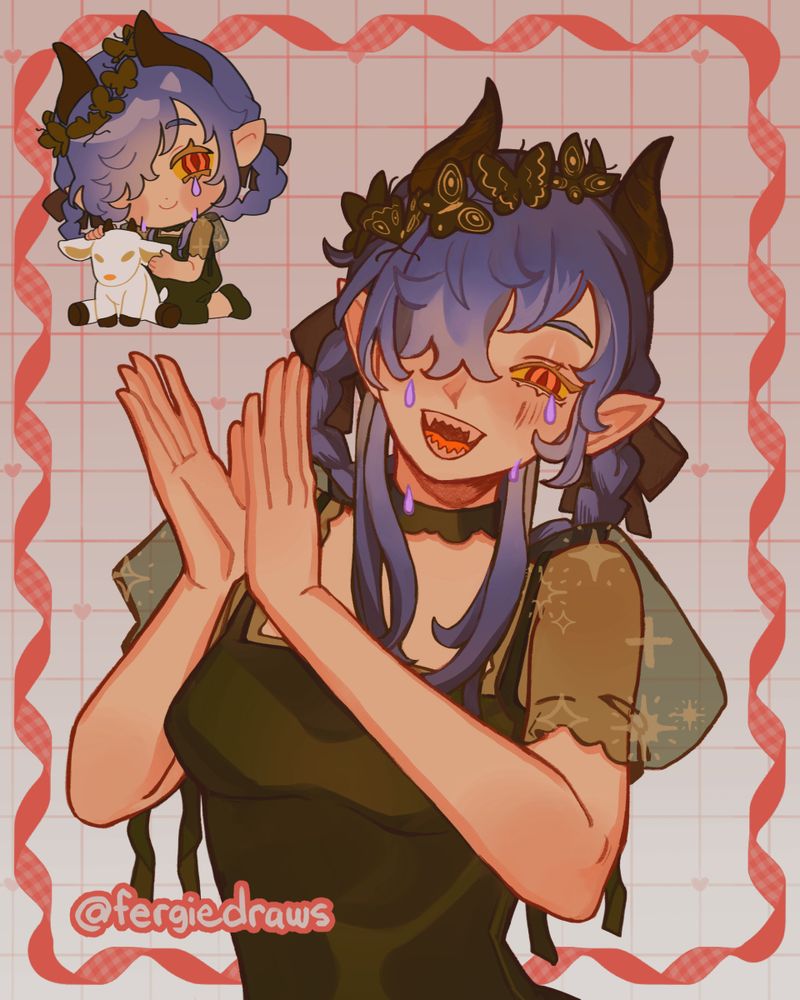 Original character, Belphoebe, poised as if clapping her hands in excitement. On the top left corner is a chibi version of her with a stuffed toy of a lamb by her side.