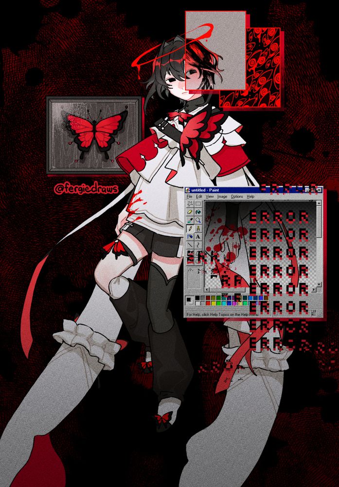 Drawing of user's arisunii original character, The Dreamer. The oc is depicted with multiple windows interposed over them. By their left eye is a window of a black and white version, with a red gradient, and under that window, is another one full of drawings of red eyes. Another window to their right depicts a pinned red butterfly within a glass case. The last window is over their left hand and is meant to look like the old MS Paint window, with red splatters over a repeating word of ERROR that begins to deteriorate past the window.