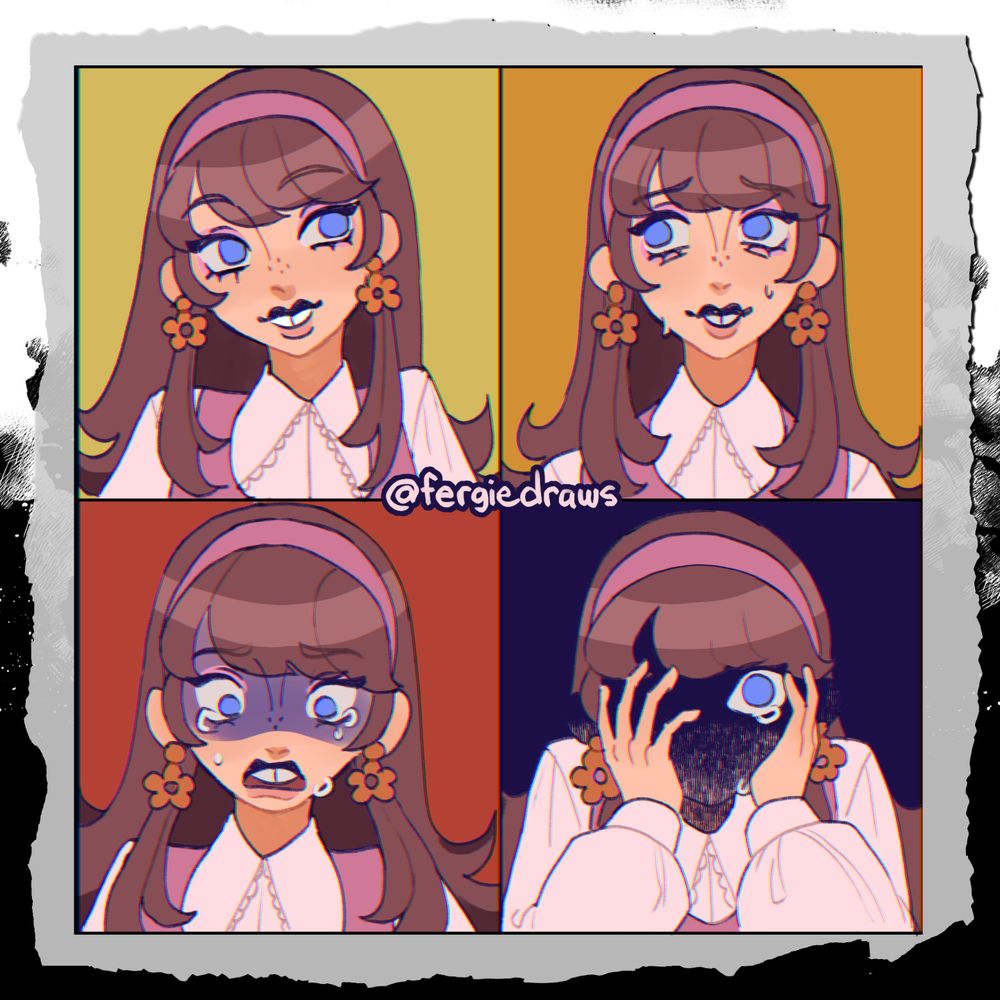 Artfight user's Pinepaz's character & design take on Sibyl Vabe from "The Picture of Dorian Gray". Drawing features the emotions Sibyl goes through concerning her relationship with Dorian Gray.