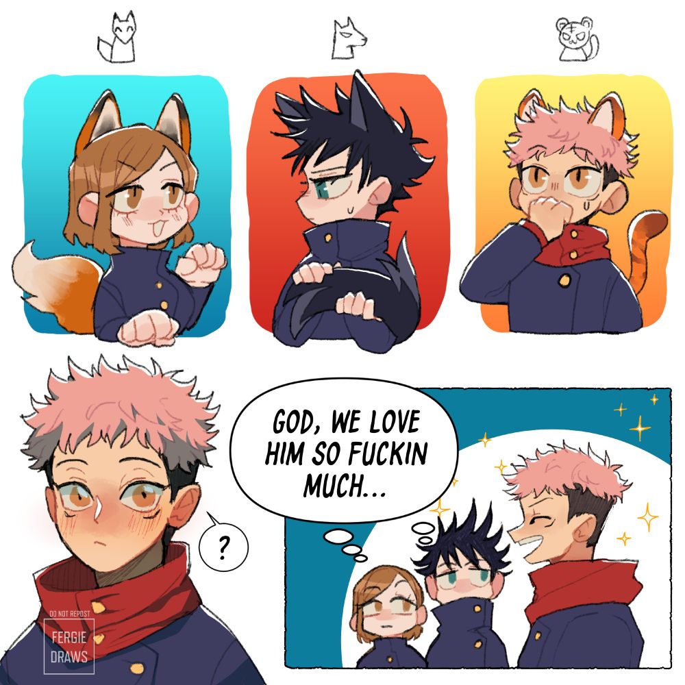 Characters from Jujutsu Kaisen are shown with animal physical traits. Nobara with fox ears and tail, Megumi with wolf ears and tail, and Yuji with tiger ears and tail. Bottom left of the picture is a headshot of Yuji. Bottom right is a panel showing Nobara and Megumi looking at a smiling and sparkling Yuji and having the shared thought of "God, we love him so fuckin much..."