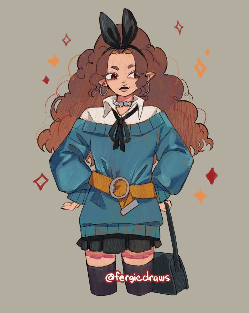 User's sebmoru's Vampire OC. She has an oversized sweater over a skirt, with big yellow belt tied around her waist. She has a big bow, holding a handbag, with her hands on her hips.