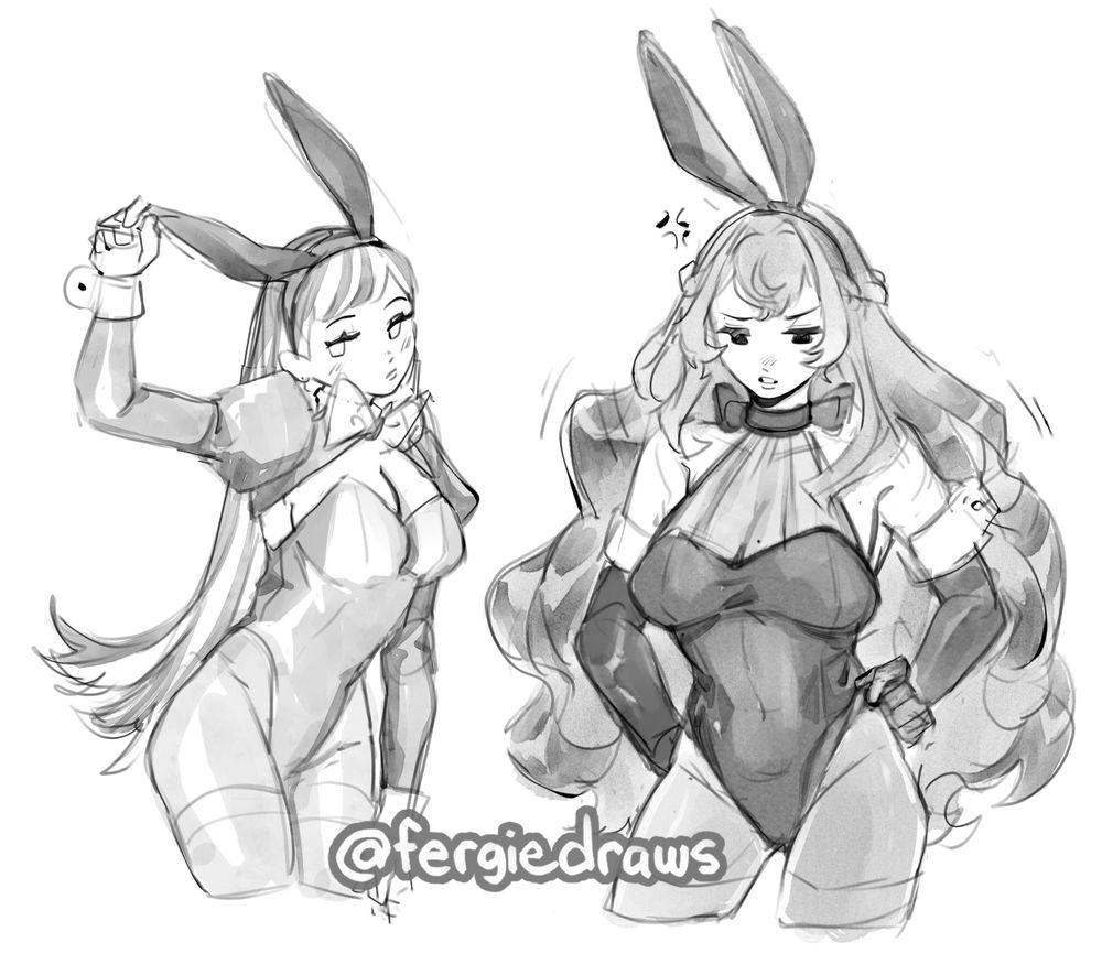 Drawings of two OCs belonging to fergiedraws, Sorrow (on the left) and Sarolta (on the right) in bunny suits for bunny day.