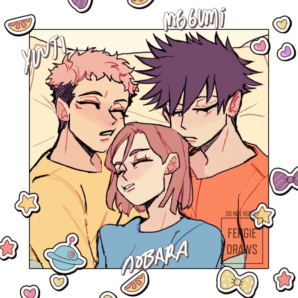 Characters Yuji, Nobara, and Megumi cuddling in their sleep, with Nobara snuggled in between them. Various stickers adorn the picture, including the writing of their individual names by their persons, assumedly by Gojo.