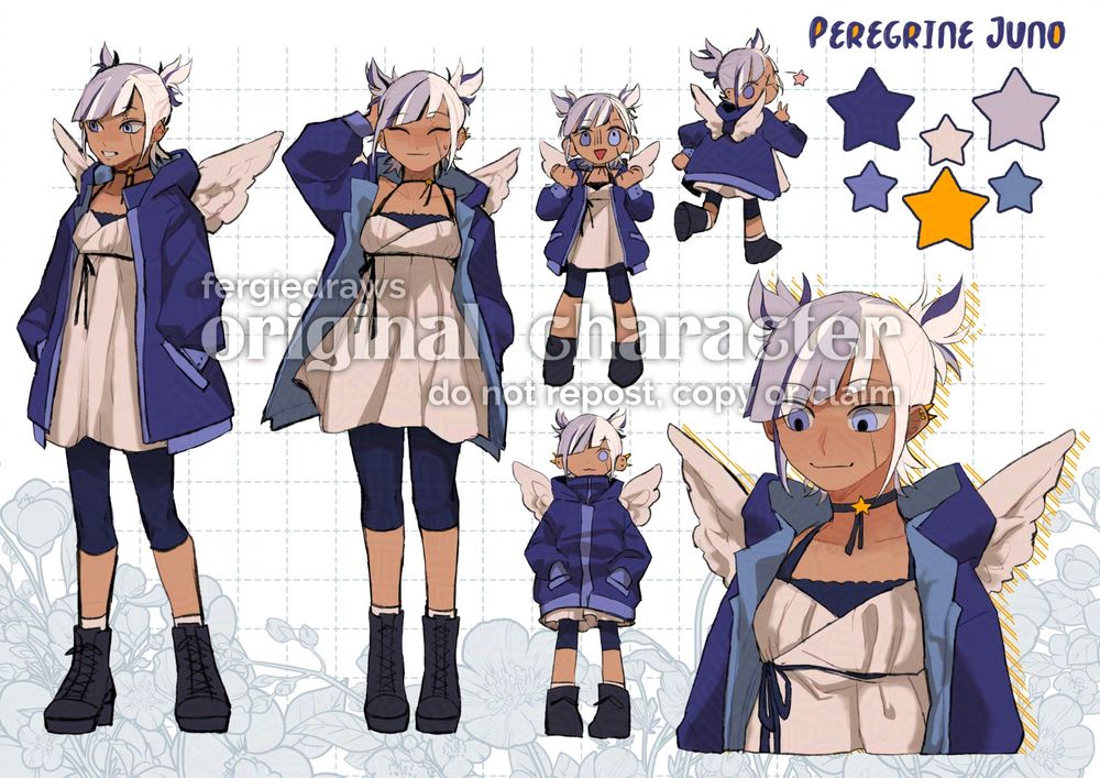 Character reference sheet of original character, Peregrine (Peri) Juno. A woman with three-toned hair, two different colored eyes, and a long jacket with a pair of wings. 