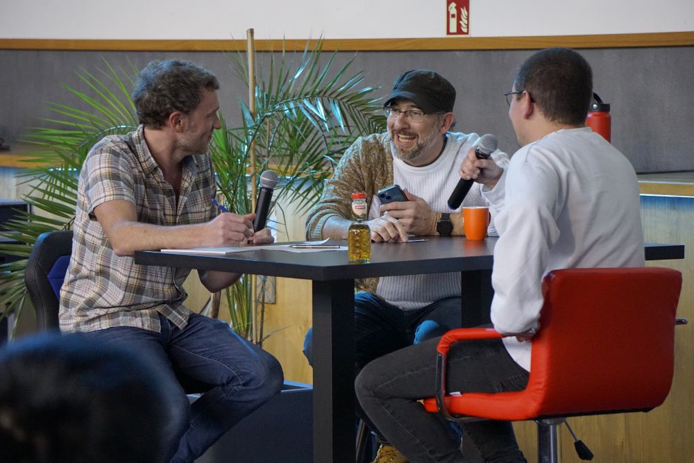 Ben, Ben, and guest Micha recording the podcast