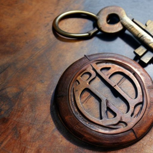 You see a wooden journal medallion lying atop a rusted key.