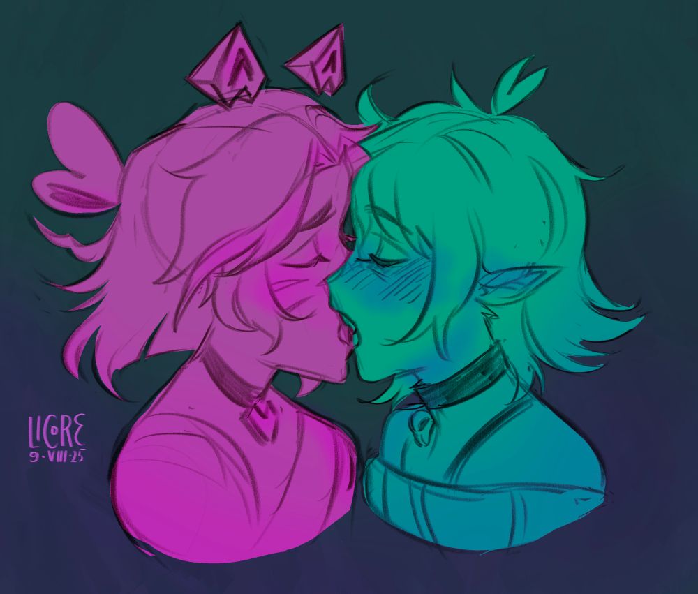 Sketchy drawing of Paeshun and Rekawaii smooching