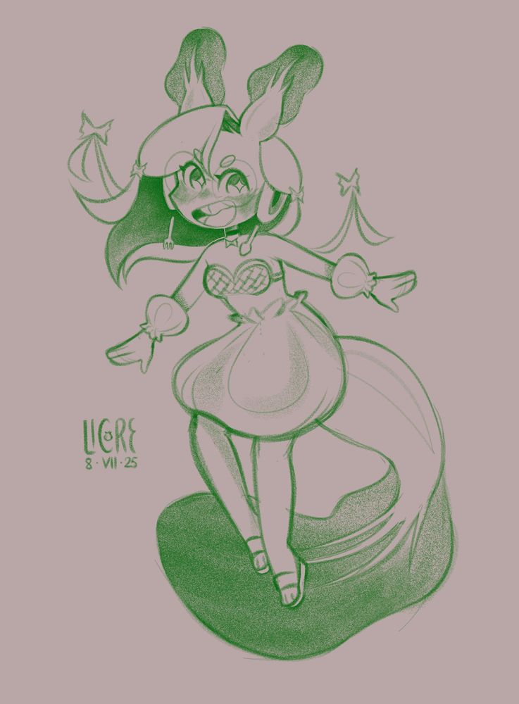 green sketch of bok choy licore, her ears and tail are bok choy, her bra has dumpling steaming basket theme, and accessories are either bow pasta or cuttlery