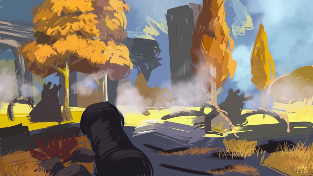 30 minute background study of a background from Legend of Zelda: Breath of the Wild, from the region all time in Autumn, Akkala, with orange to yellow colored leafs. There are a few dead Guardians and some rubble