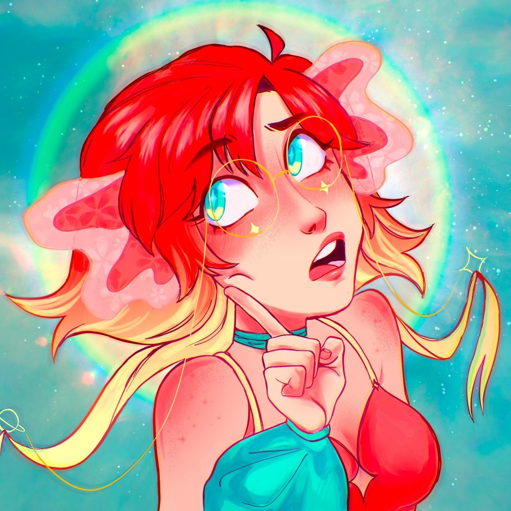 Digital painting featuring Axolotl girl with round glasses, red to light yellow hair, cyan eyes, putting finger on face and having a quizzical look. The aesthetic is colorful, sparkly and vibrant. I am the creator and my name is Licore.