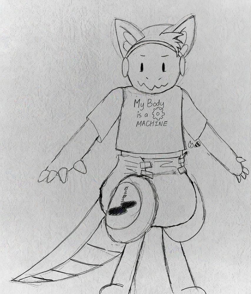 a drawing of a furry protogen wearing a diaper and a shirt that says "My Body is a Machine"
