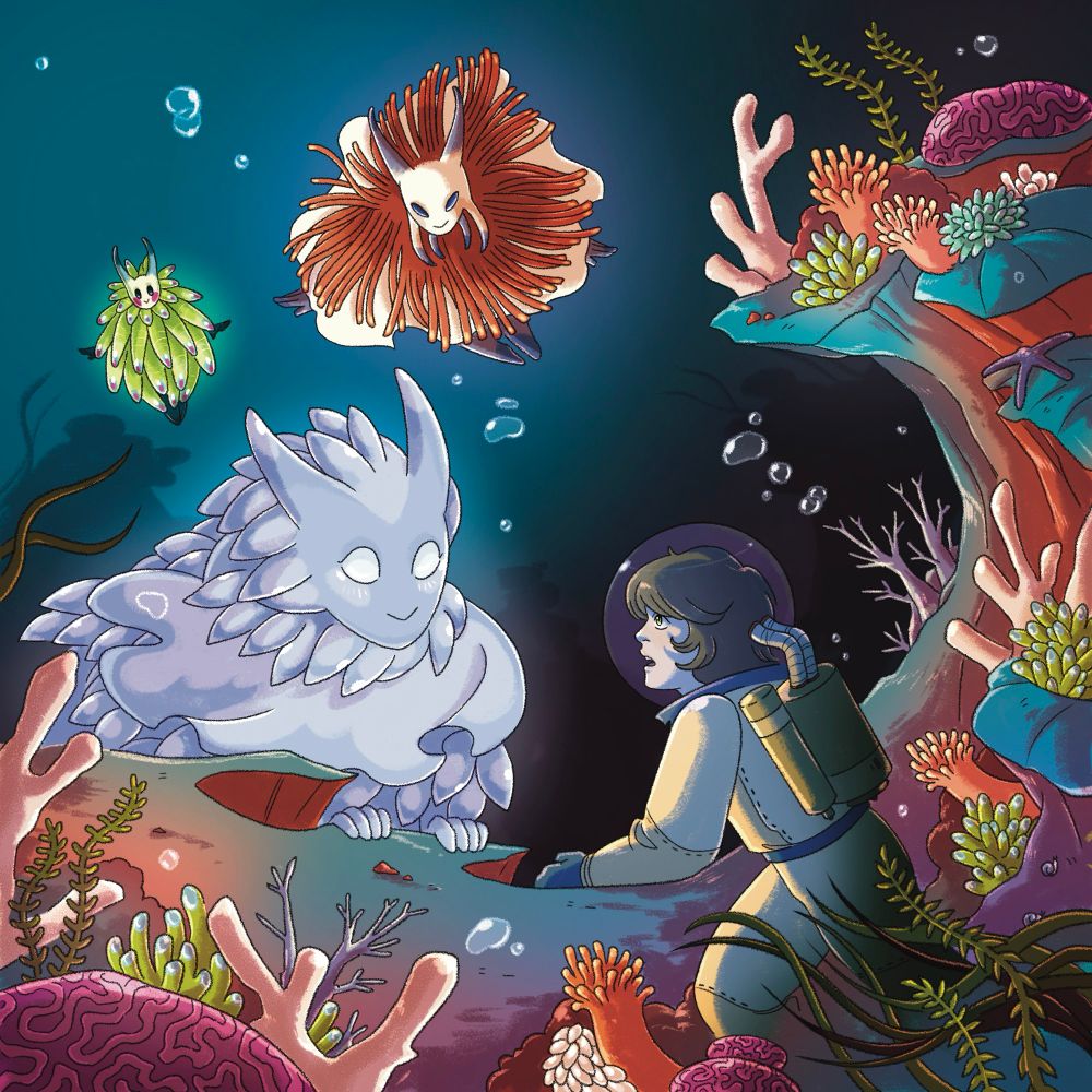 A digital illustration of a little girl in a diving outfit surrounded by orange, green and magenta corals. She is looking at a strange undersea creature in wonder. Three mermaids with sea slug characteristics are floating into frame. One is blue and white, with pale eyes. The next is red and cream coloured with long hair like tendrils. In the distance a chubby green mermaid floats along with blue cheeks and points of bright pink color on her tips.