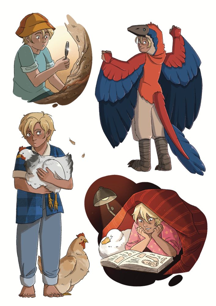 Four spot illustrations of a little blonde boy. 
Top left: The boy has a magnifying glass and is inspecting some fossil material. He is wearing an orange bucket had and blue shirt.
Top right: The boy is standing with his back to the viewer, looking over his shoulder with a smile. He is wearing an archaeopteryx costume, hand made with stitching.
Bottom left: The boy has a shy expression, dressed in a plaid shirt and blue trousers. He is holding a white chicken in his arms, while a brown chicken sits at his feet.
Bottom right: The boy is under the covers at bedtime, reading a dinosaur book with a smile by lamplight. A sleeping duck is nestled at his side.