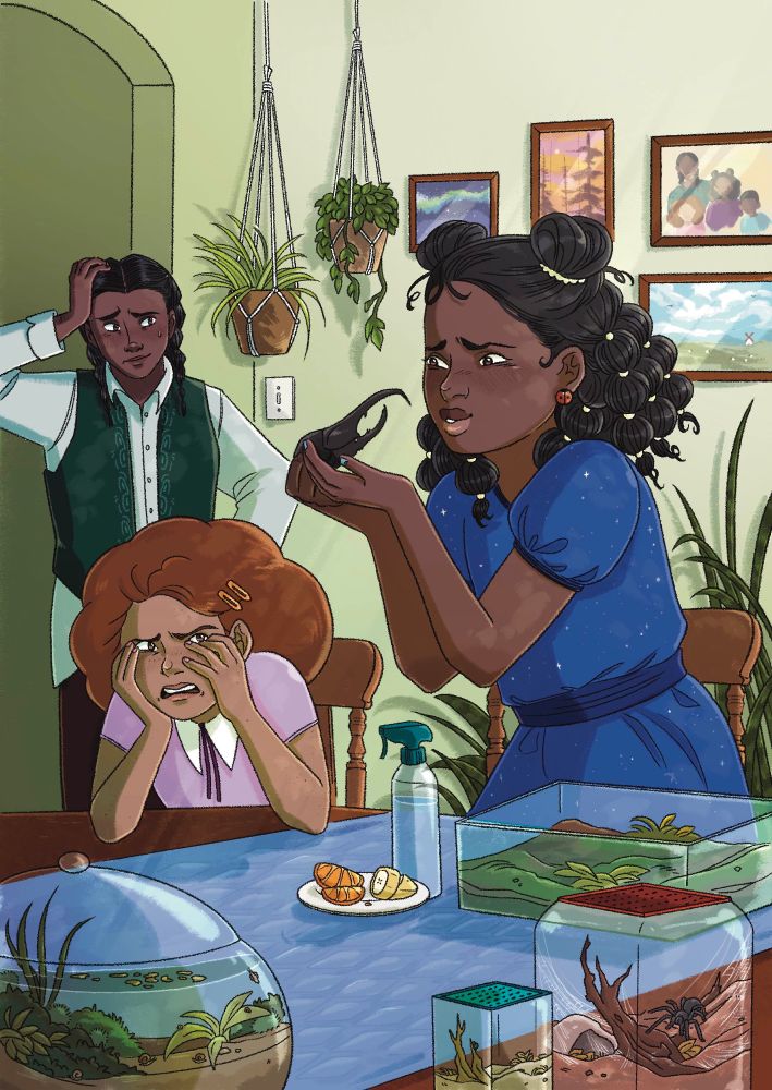 A full page illustration including Penelope, a little black girl in a blue dress, and her sister, younger and with lighter skin, dressed in a purple shirt. They are at their dining room table with various terrariums splayed out around them. Penelope is holding up a large black rhino beetle and cooing at it lovingly. Her younger sister has her face in her hands, looking disgusted. In the background their older brother, dressed in a green vest and white top, holds his head with an exasperated smile.