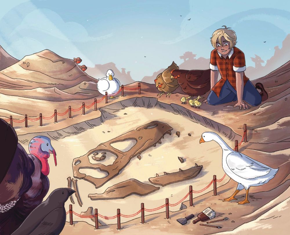 An illustration of a little blonde boy in a plaid outfit looking down at a fossilized dinosaur skull. He is flanked by several birds, including two chickens, three chicks, two robins, a duck, a goose, a raven and a turkey. 
