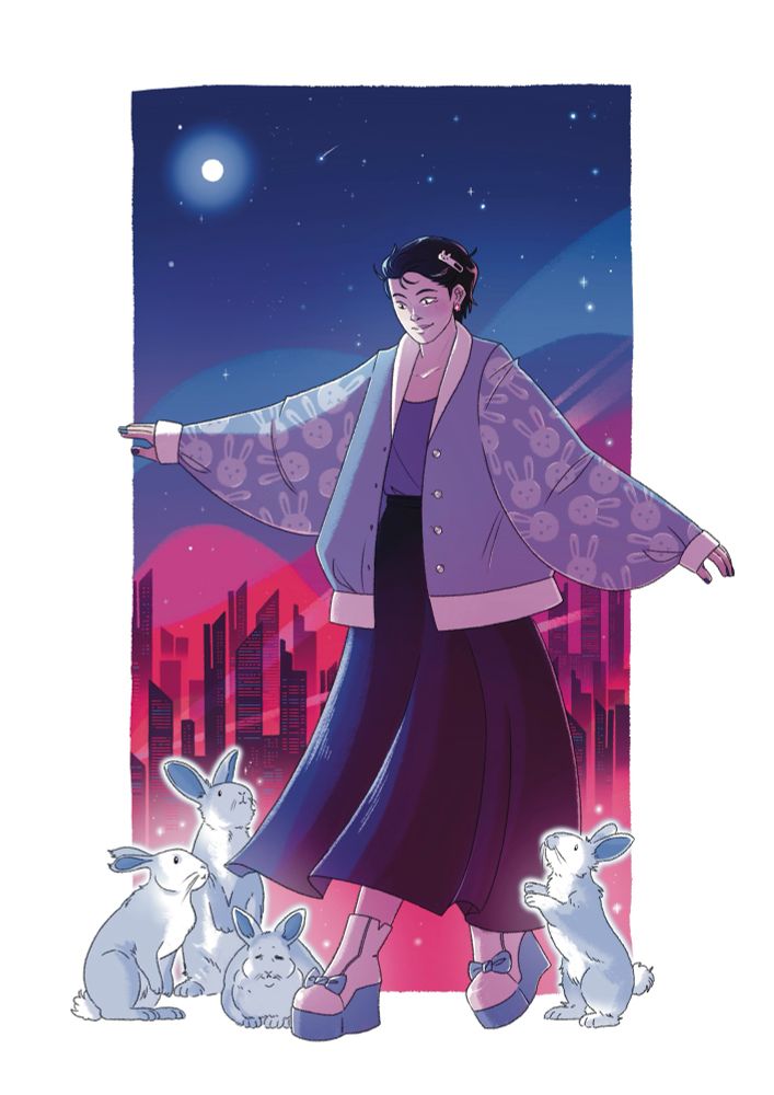 A digital illustration of a girl in an oversized cardigan with her arms outstretched. There are small glowing blue rabbits at her feet as she smiles down at them. There is a pink and blue city skyline behind her.