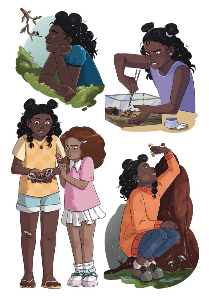 Four spot illustrations.
Top left: Penelope, a little black girl, leaning on a green bush and looking lovingly at a small fuzzy caterpillar on a branch.
Top right: Penelope, a little black girl, carefully offering a brown tarantula a super worm via chopsticks. 
Bottom left: Penelope, a little black girl with pigtails and a yellow top, and her younger sister, a shorter girl in pink with a reddish afro, look down at a large moth in Penelope's hand. The older girl is smiling, while the younger girl clings to her arm looking concerned.
Bottom right: Penelope, with pigtails and a bright orange sweater, is kneeling by a tree in the rain and admiring 3 snails as they glide across her hand.