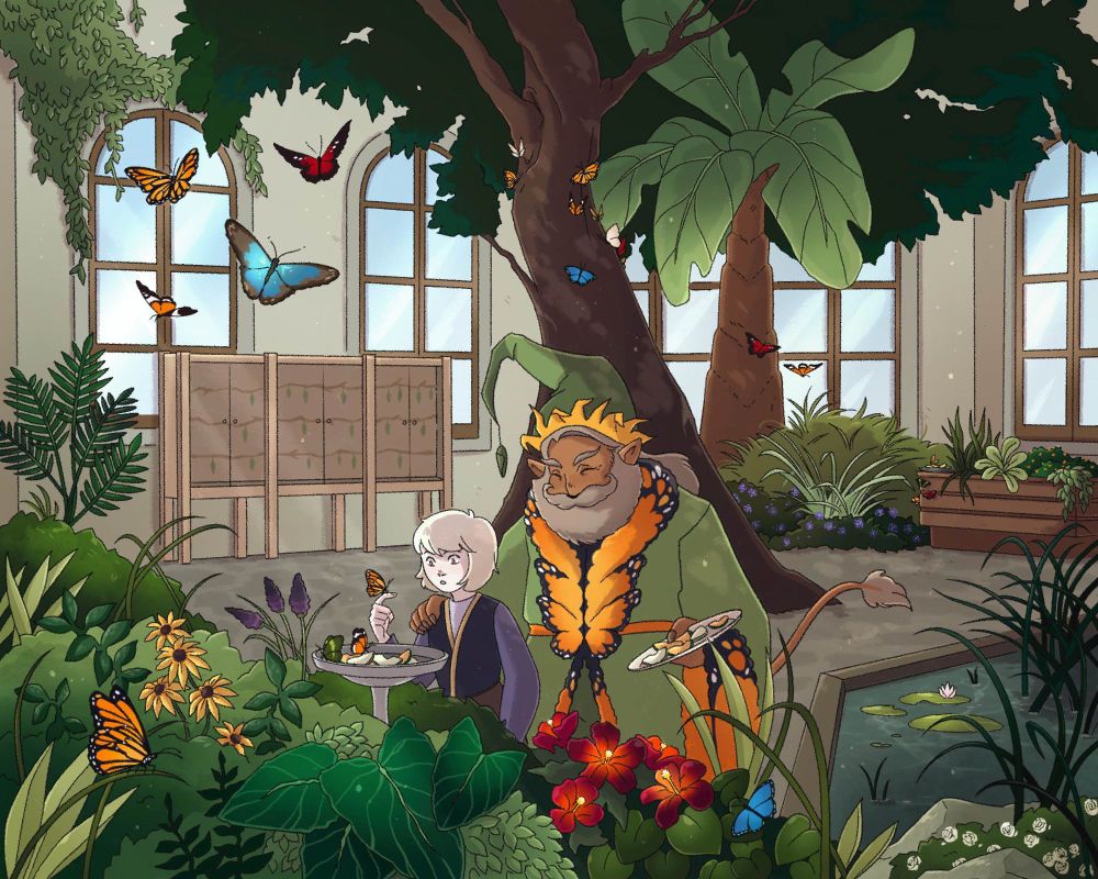 An illustration of an elaborate greenhouse/observatory setting. There are tropical plants and trees throughout the space, adorning all corners of the room. There is a pond with lily pads at the bottom right corner, and butterflies of all kinds fly about the room. In the centre there are two figures, a small pale child with light cream coloured hair and a purple vest, and a friendly older man in an elaborate green and orange wizard robe, reminicent of a monarch butterfly. He has his hand on the child's shoulder, smiling encouragingly as they admire a monarch butterfly that's landed on their finger. The wizard is holding fruit on a plate in one hand, ready to feed the insects. There is a cabinet of chrysalis's toward the back wall, and blue sky outside shining in from the windows. 
