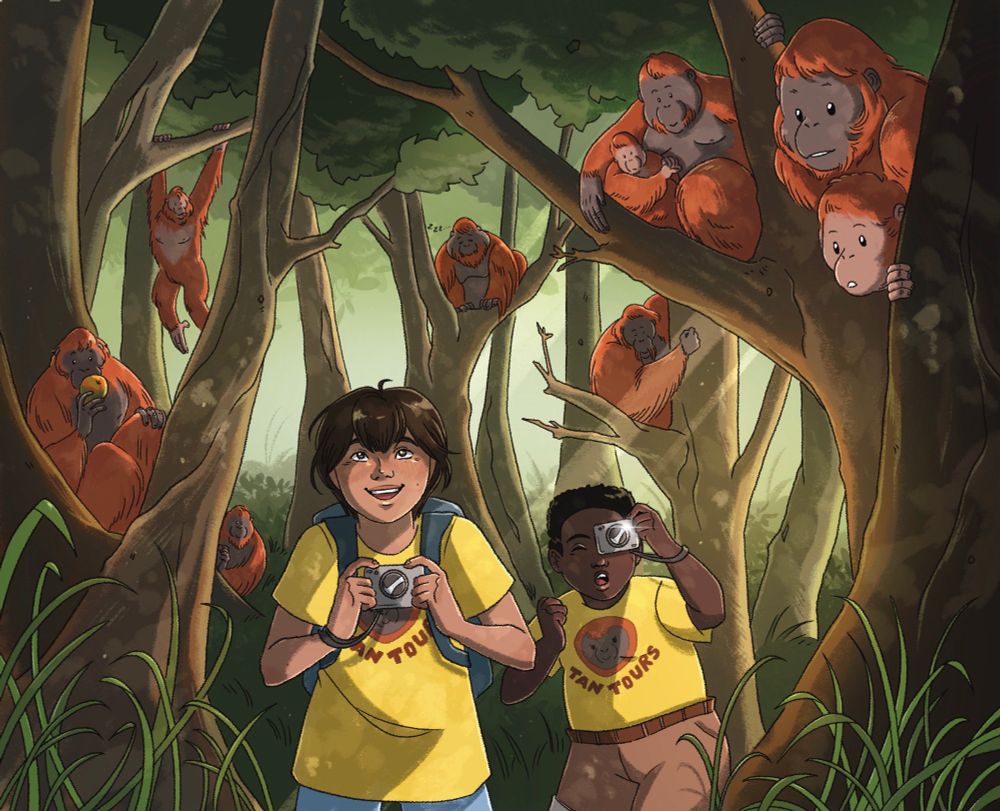 A digital illustration of two children in a jungle in Borneo. One child is taller with brown hair and tanned skin, the other is shorter, chubby, and black. They are both in yellow shirts with the logo “Tan Tours” on them. They are both wearing cameras and looking up in awe at a troupe of orangutans nestled in the trees. 