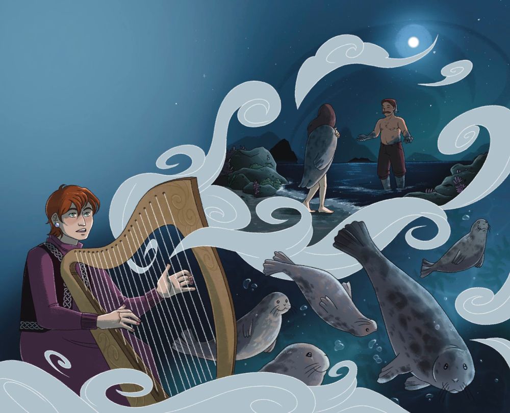 A digital illustration of a girl with short orange hair playing a large wooden harp. As she plays, pale magical clouds bring other panels of the image to life. In the corner there is a woman in a seal skinned coat on a beach, approaching a man in the water underneath the moonlight. Below them, harbour seals frolic under the waves.