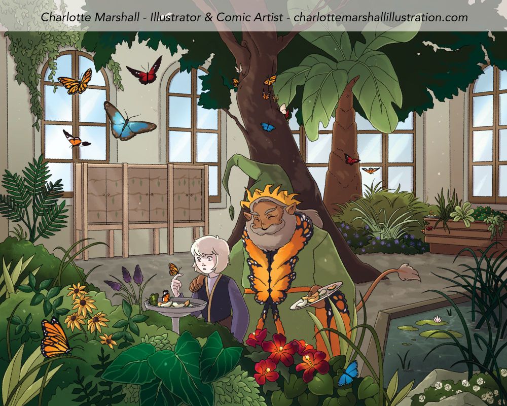 An illustration of an elaborate greenhouse/observatory setting. There are tropical plants and trees throughout the space, adorning all corners of the room. There is a pond with lily pads at the bottom right corner, and butterflies of all kinds fly about the room. In the centre there are two figures, a small pale child with light cream coloured hair and a purple vest, and a friendly older man in an elaborate green and orange wizard robe, reminicent of a monarch butterfly. He has his hand on the child's shoulder, smiling encouragingly as they admire a monarch butterfly that's landed on their finger. The wizard is holding fruit on a plate in one hand, ready to feed the insects. There is a cabinet of chrysalis's toward the back wall, and blue sky outside shining in from the windows. 