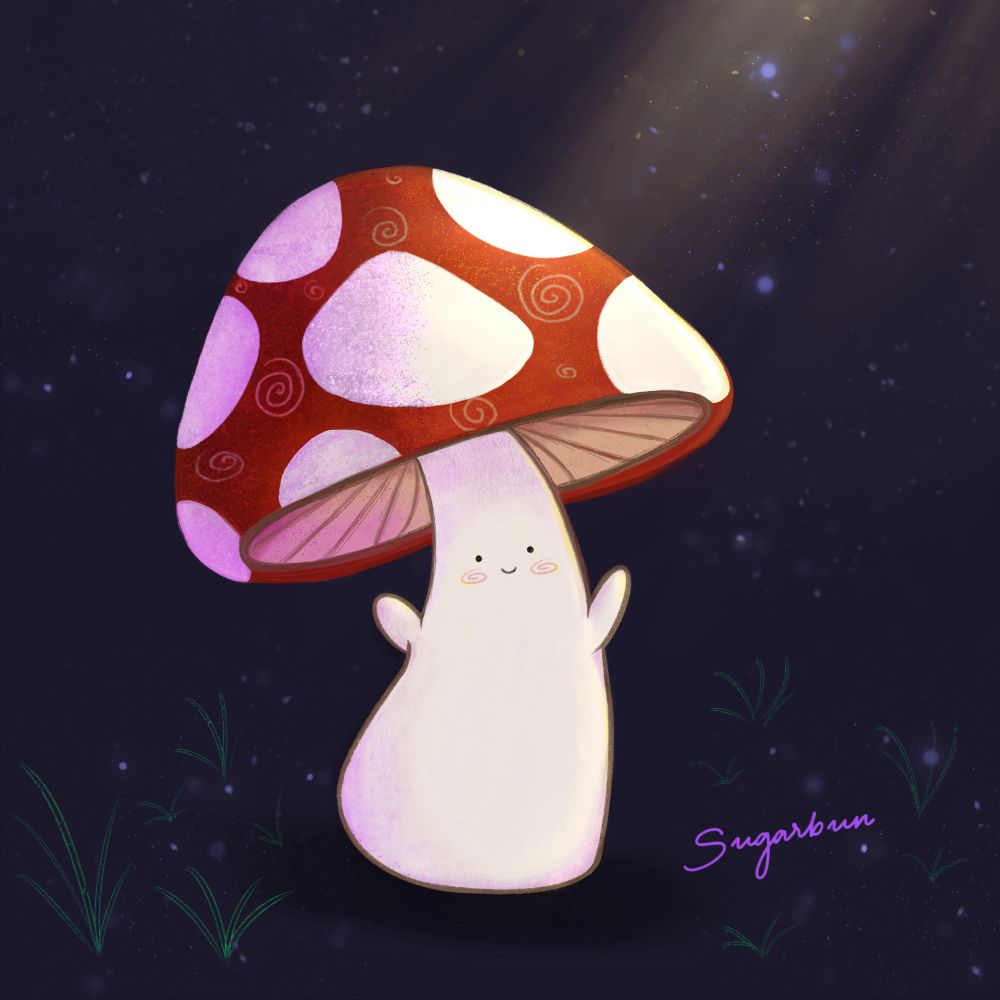 Drawing of a mushroom at night time, in a cute cartoon-ish/kawaii style, friendly, with arms outstretched. Created in Procreate. The mushie has a large red top, with some swirlies and white spots coating it. Its body is creamy white and it has a happy smile and rosy cheeks. Glittery sparkles and a glowing yellow light hit it from the right side, highlighting half of the mush. Little bits of grass scatter the bottom.