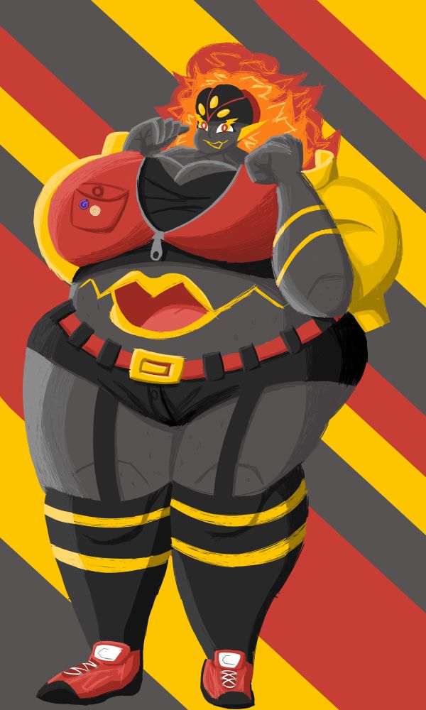 An armarouge adopt with firey hair, a short red jacket with pins on the pocket. Wearing fitted leggings under booty shorts and athletic shoes. She wears makeup on her face to give the illusion of a mouth but in reality, her stomach has the true one. She has freckles throughout her body and a few skin patterns like the yellow lines around her arms. It’s almost like she’s a fusion or a daughter of an armarouge and a dusknoir!