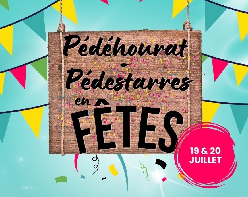Affiche pour la fête des villages/quartiers de Pédéhourat et Pédestarres à l'est de la vallée d'Ossau. Les noms des patelins sont écrits sur un panneau texturé façon bois par dessus un fond bleu agrémenté de fanions colorés.