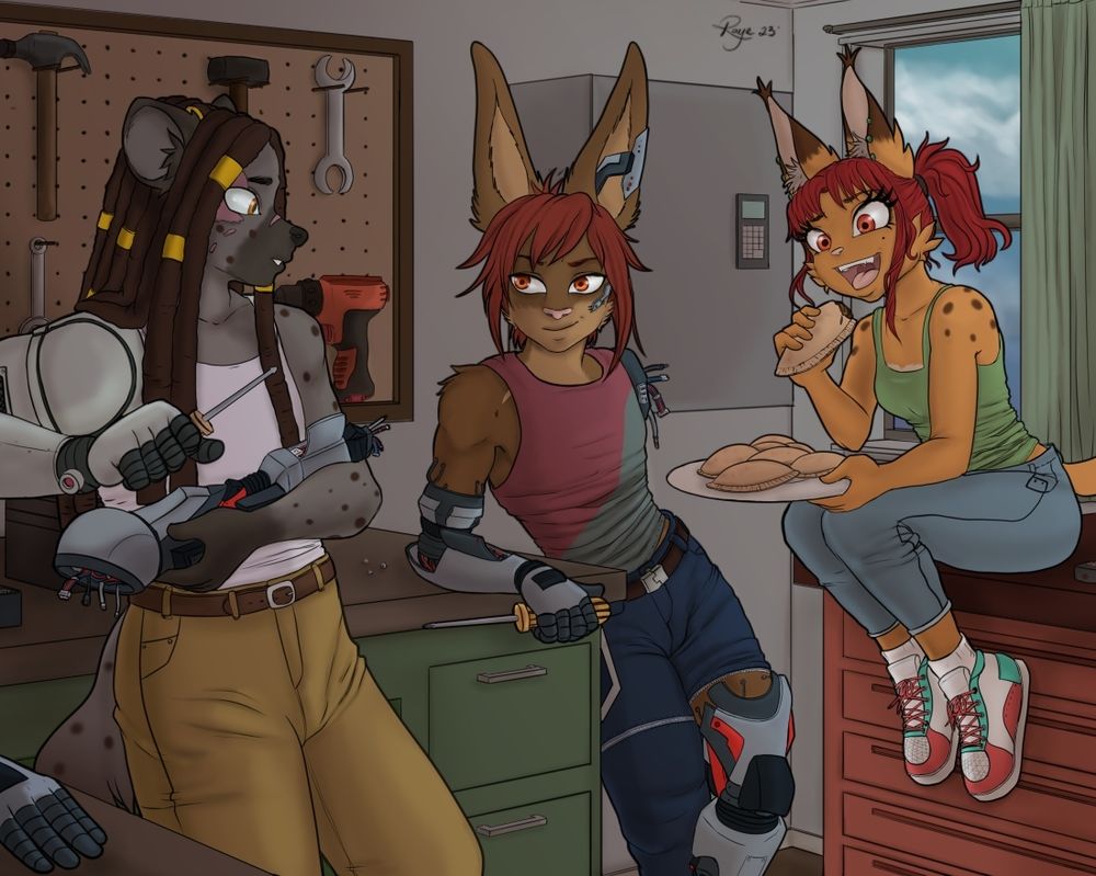 Lothar helping out a friend with his cybernetics while Raye eats an empanadilla