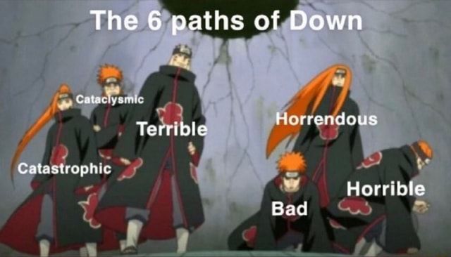 A meme of the six paths of pain from naruto with "The 6 Paths of Down" on top
Each of them have a word on top of the character, left to right
Catastrophic
Cataclysmic
Terrible
Bad
Horrendous
Horrible