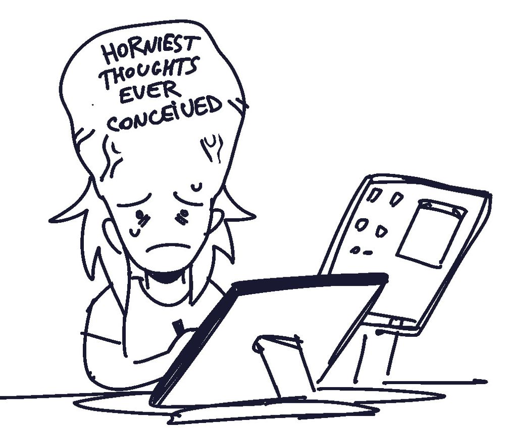 A scribbly drawing of an artist with a giant head saying “horniest thoughts ever conceived “