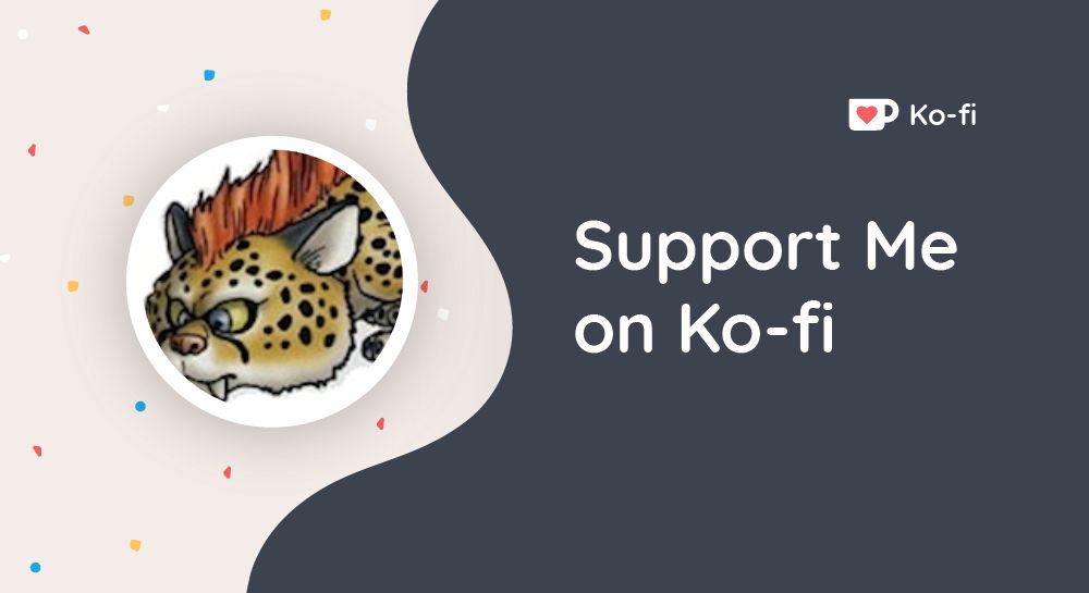 A ko-fi banner featuring a sabrekitten from Dragon Quest V. It says "Support me on Ko-Fi."