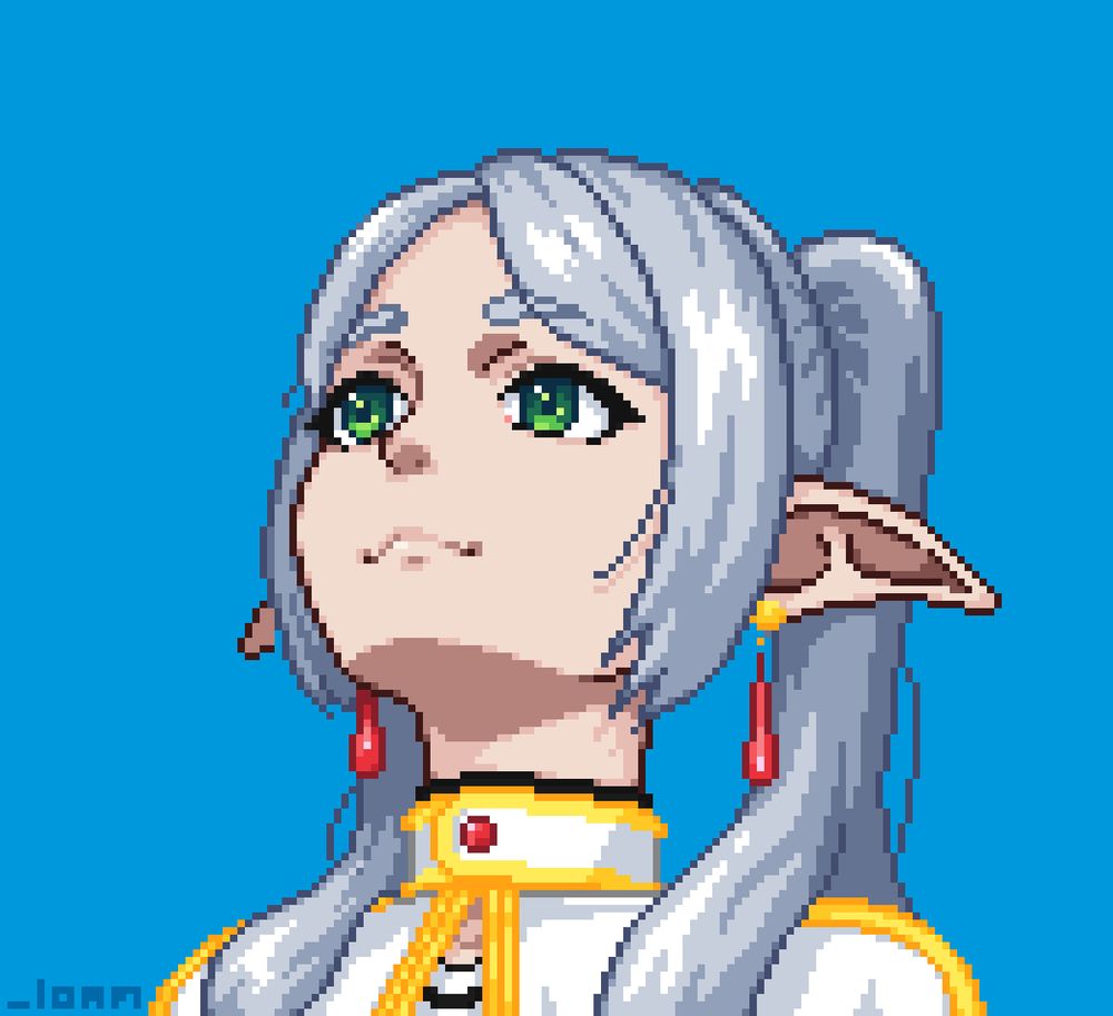 Pixel art image of a portrait of Frieren at a low angle