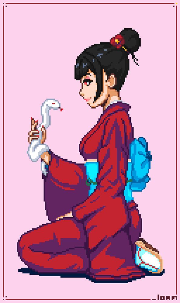 Pixel art side shot of a character in a red kimono holding a white snake for new years 