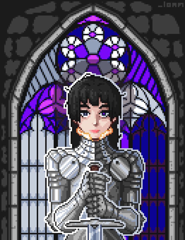 A pixel art image of the character Aridellia from the manga Tower Dungeon by Tsutomu Nihei. The character is pictured standing with a neutral but hopeful expression in her beloved armor set, holding the hilt of her sword in front of her. In the background there is a stone framed stained glass window in a gothic style. There are some sinister undertones.