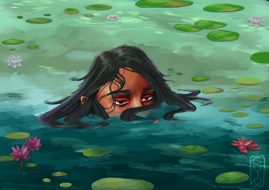 A woman with brown skin, dark hair, and an unreadable expression is poking her head above the water in a pond. She is surrounded by leaves and flowers.