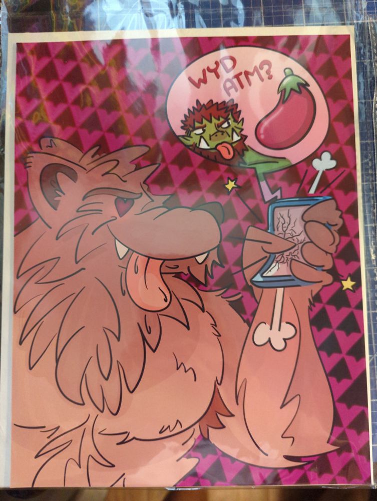 Brown Wolfman on a hookup app smashing his thumb eagerly upon seeing how hot and fuckable the orc he's been chatting with is, breaking the phone in the process.