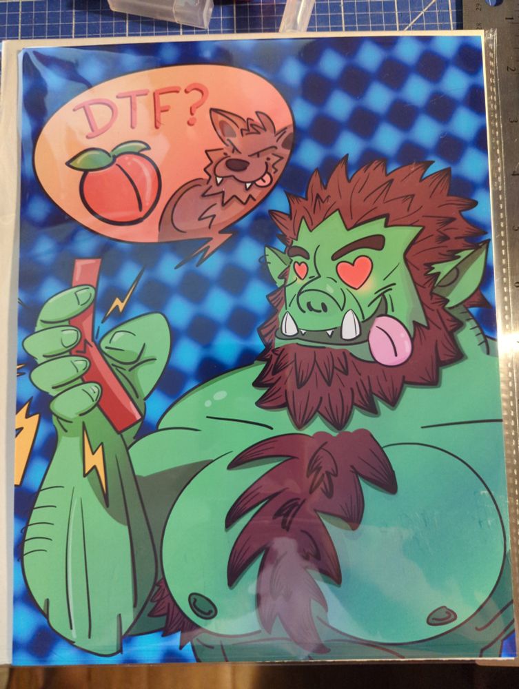A dark red haired Orc looking at his phone, reacting to the lewdness being sent to him from the Wolfman hunk he's been chatting with, breaking his phone with enthusiasm and arousal.