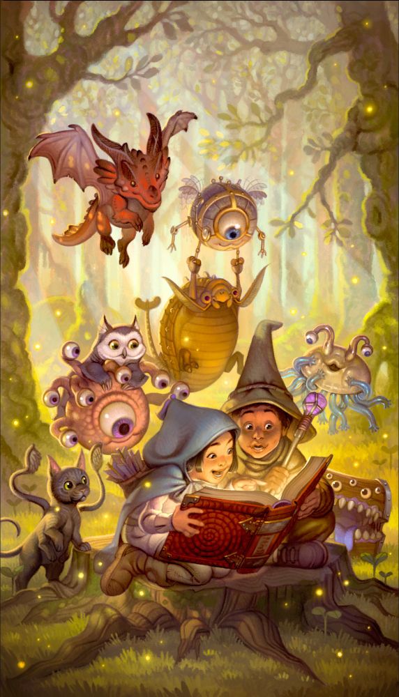 A digital painting set in a dense forest with light sparkling through the trees shining on the following chibified monsters:

- A Red dragon near the top left
- A flying Monodrone Modron with a Rust Monster hanging on to its legs
- An Owlbear hanging on top of a beholder
- A Flumph looking surprised
- A displacer Beast
- And a Mimic with a dumb, open-mouthed smile and its purple tongue hanging out

The monsters are all looking over the shoulder of a young girl wearing an archer's garb as well as a boy in a wizard's hat holding a staff with a purple gem at its top. The children have a glow on their faces as they excitedly look at a massive tome bound in red dragon scales. 