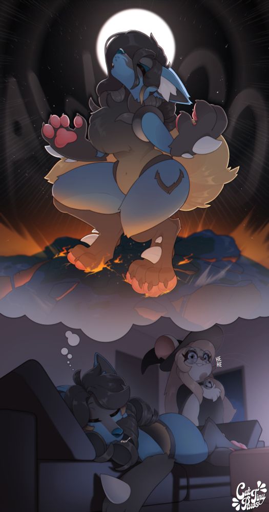 My lucario sona, dreaming of being in her werecario form destroying the earth with a ground shattering howl, howling in her sleep, while her mouse friend watches her sleep and giggles at the cute little howl she is doing.