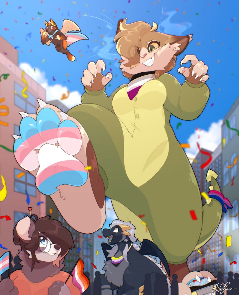 Low angle picture of a pride parade in a city. Looking up at my fursona being giant with a dinosaur onesie, acting like a monster with a paw up ready to stomp. She has an asexual flag bandanna on, a bisexual flag tied to the tail of the onesie, and her paw's pawbeans are colored like the trans flag, smoke is coming out of her toothy smile as if ready to breathe out fire, and she is crushing a cop car with her other paws. Around at ground level theres two other character, Cosmos the Plushie dragon with a non-binary flag bandanna, and Phoebe the Panda with a trans and lesbian flag, both looking up at my fursona with a smile. Flying in the sky is Icarus the Cross fox, with a trans flag tied to his back like a cape, also looking at my fursona with a smile.