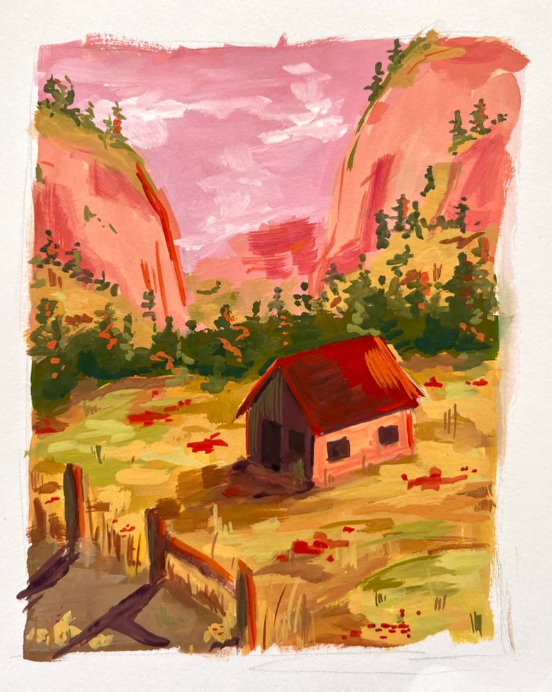 Gouache landscape painting of a house in Lauterbrunnen, Switzerland. In the background there are pink mountains behind a line of green and yellow trees. In the foreground there is a golden yellow meadow with patches of green, red, and orange. A simple red house sits in the meadow and casts an orangey brown shadow. An orange fence separates the meadow from a pathway.
