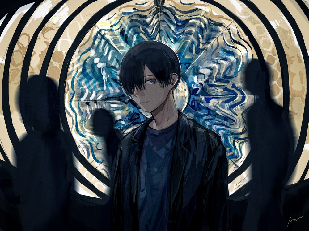 イラスト：青野(Drive to Pluto) 
新宿西口のパブリックアート『新宿の目』(宮下芳子 作)の前に立つ