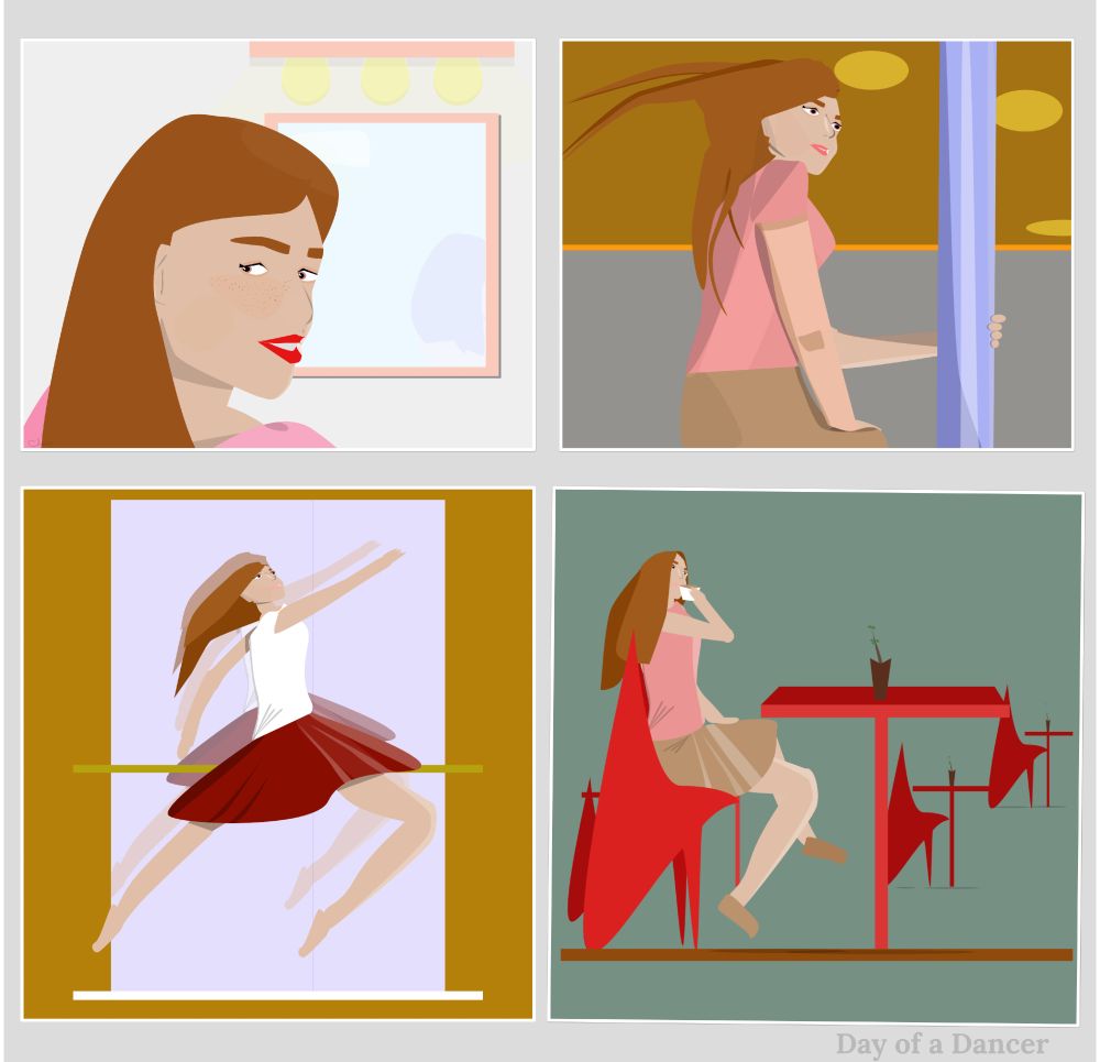 A four-panel illustration titled “Day of a Dancer.”
Top left: A young woman with long brown hair and red lipstick looks toward the viewer in a soft, pastel-lit dressing room.
Top right: The same woman rides public transit, holding a rail as her hair blows behind her.
Bottom left: The woman leaps in a ballet studio, captured mid-air in front of a tall mirror with her reflection behind her.
Bottom right: She sits at a café table in a red chair, sipping a drink after practice as small tables recede into the background.
The style is clean vector art with warm tones and simple, graphic shapes.