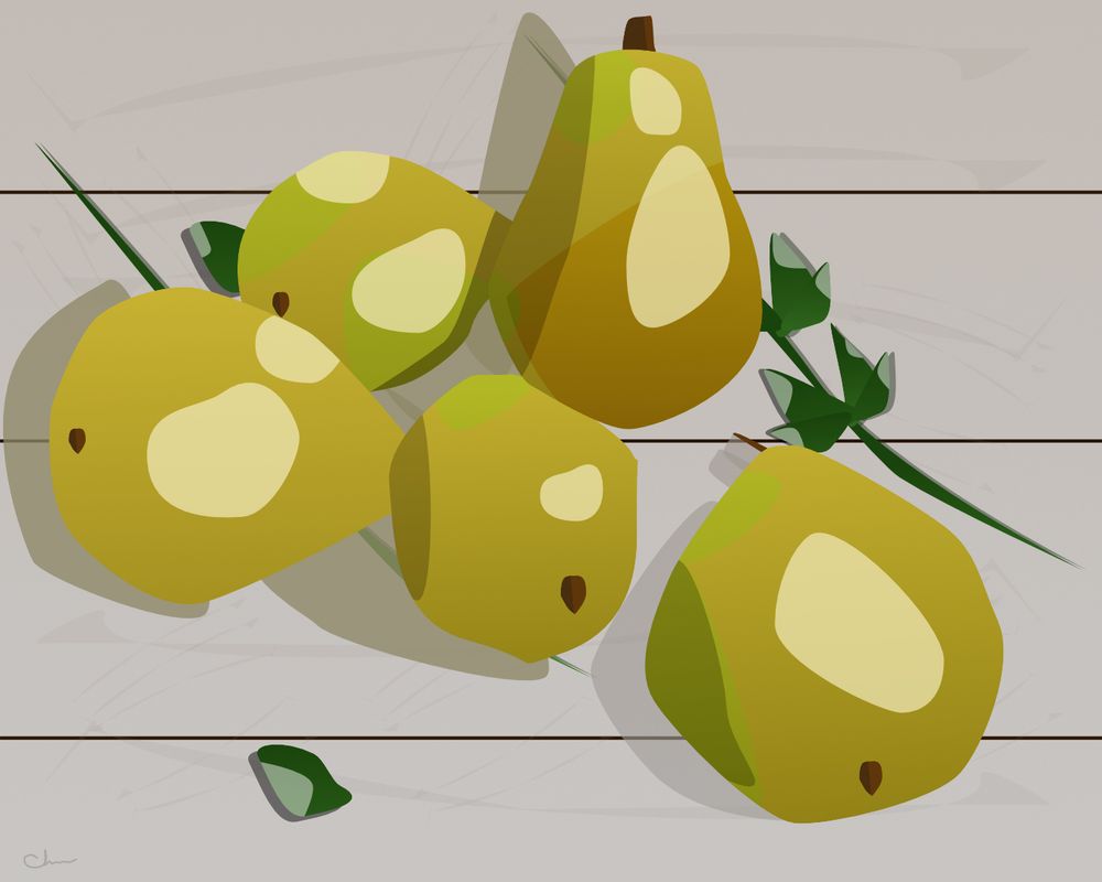 A digital illustration of five yellow pears arranged on a sun-washed wooden surface. Each pear casts a soft shadow toward the bottom-left, and the table shows sun-faded streaks. Small sprigs of green leaves accent the arrangement. The style is clean and stylized, with warm lighting and simple shapes.